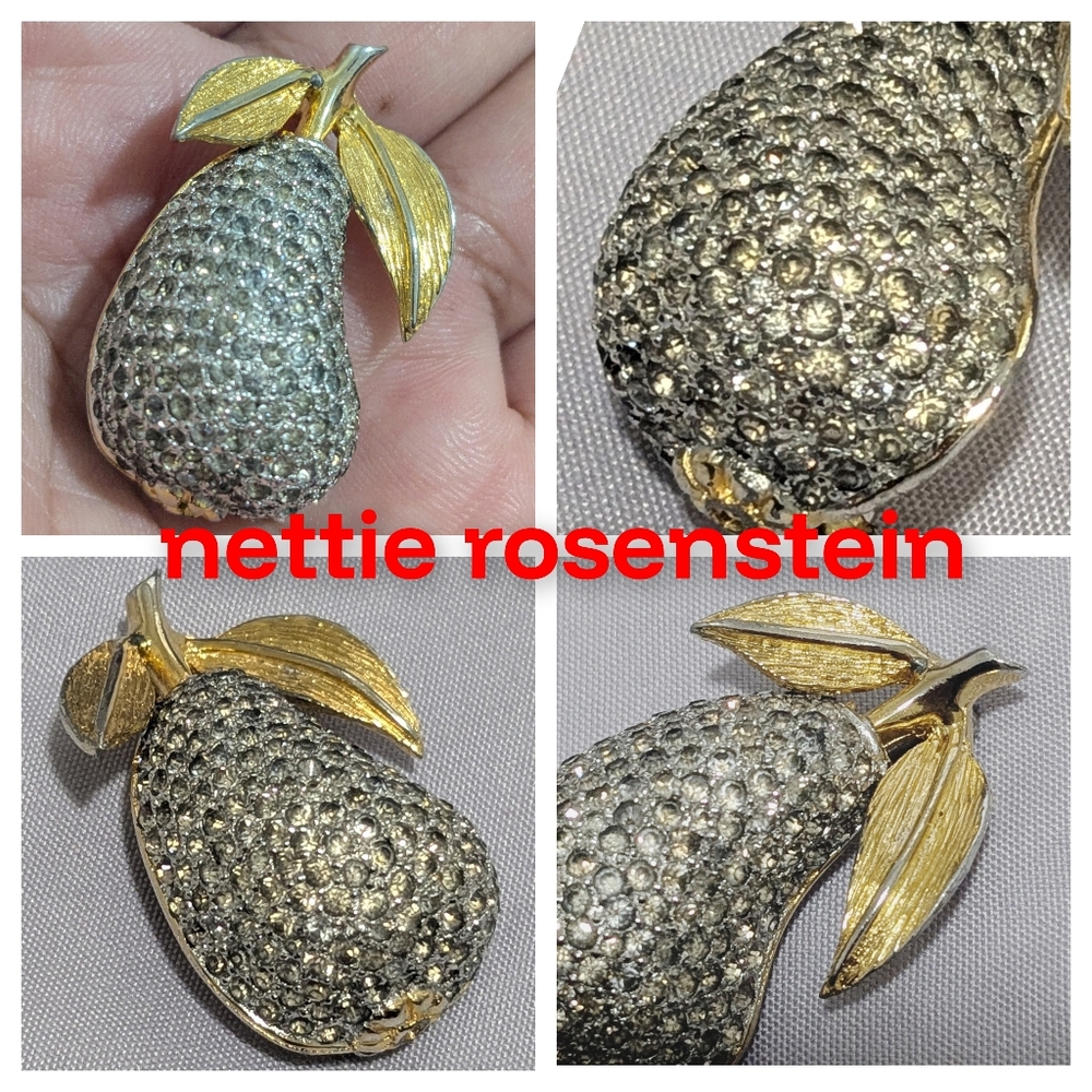 Vintage Nettie Rosenstein Gold Tone Rhinestones Pear Brooch